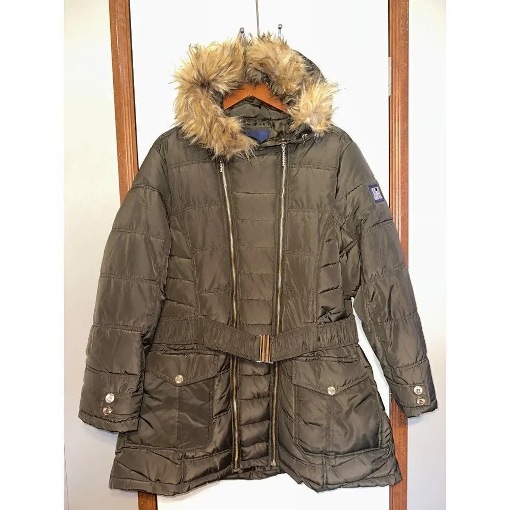 Rocawear Women's Plus Double-Zip Belted Hooded Puffer‎ Jacket Size 1X